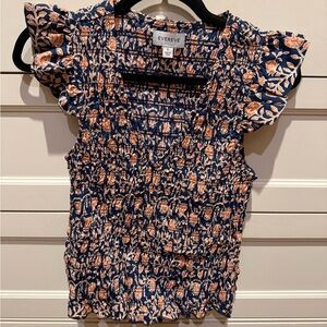 Evereve Navy and Orange Ruffle Sleeve Blouse